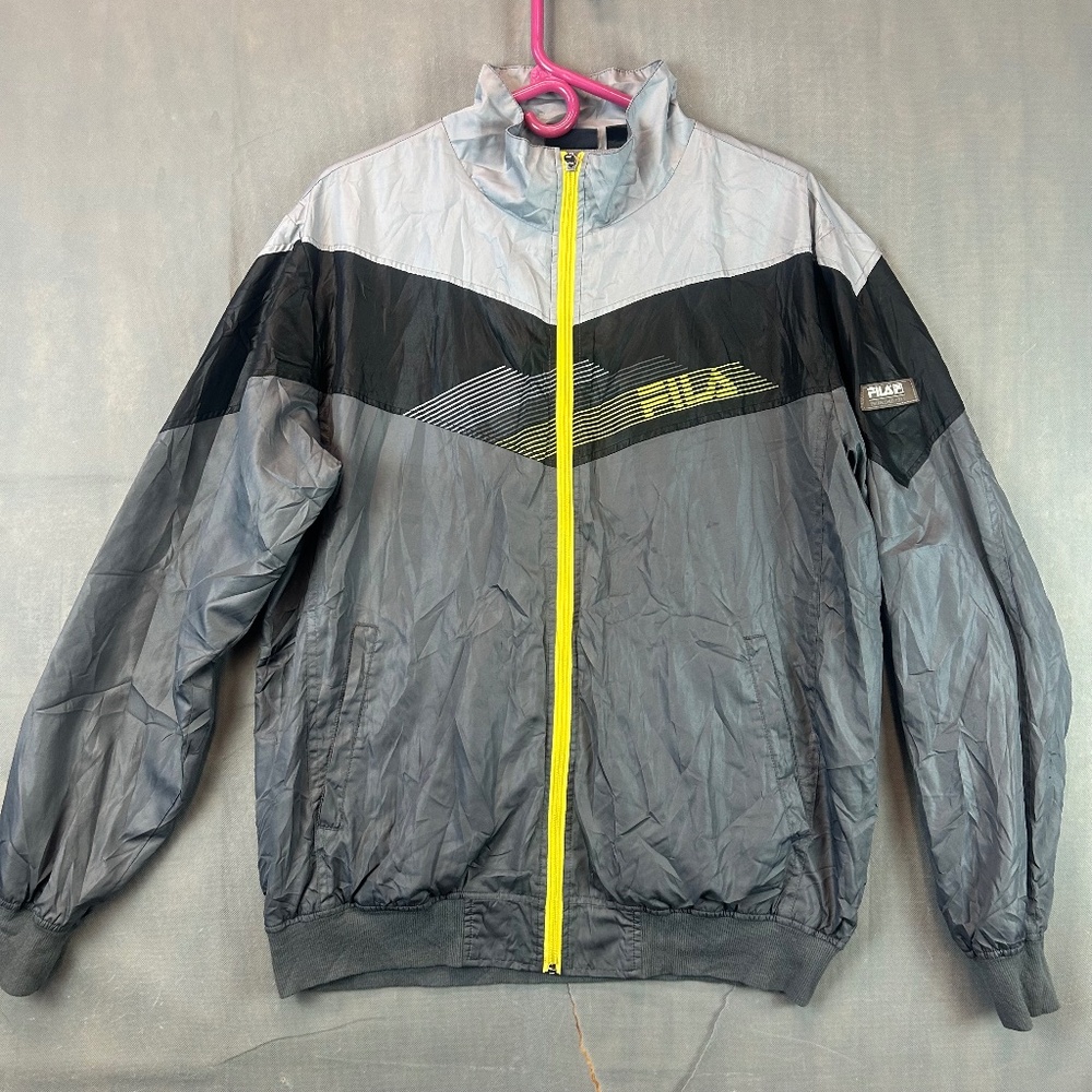 Vintage FILA Mens Large L Windbreaker Gray Yellow Black Retro Y2k 90s